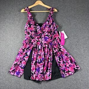 NWT Fit 4 U Swimsuit Swim Dress Womens Plus 20W Pink Floral Mesh Overlay